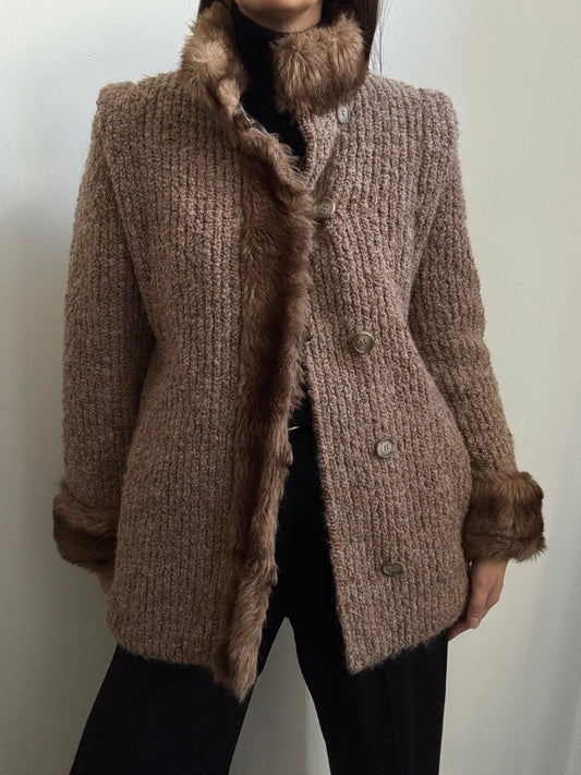 Vintage Wool Knit Faux Fur Trimmed Jacket Size Medium