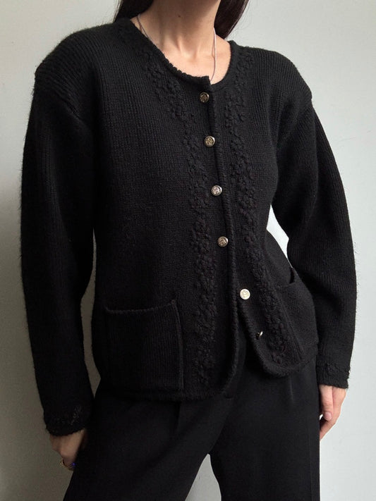 Vintage Black Acrylic Cardigan With Floral Stitching Size Large