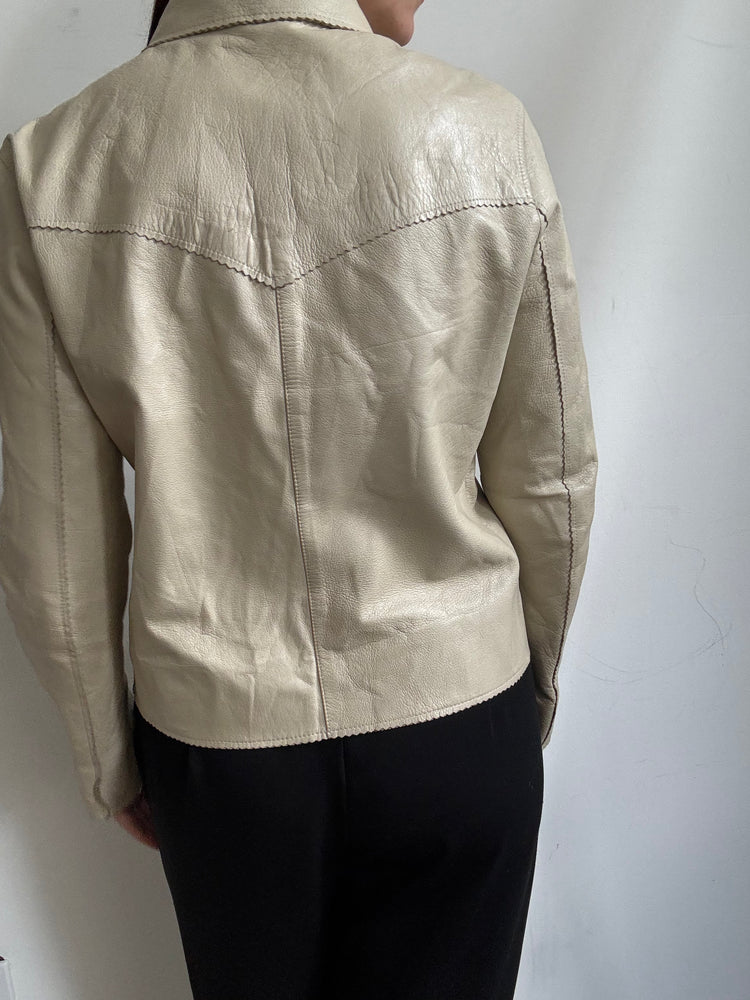 Vintage Beige Fitted Leather Jacket Size Medium