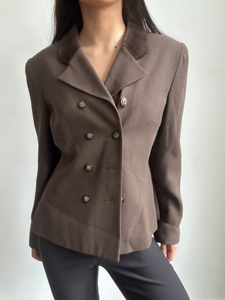 Vintage Double-Breasted Brown Blazer + Dark Brown Velvet Collar Size 6