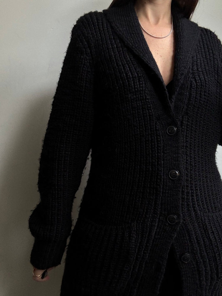 Vintage Ralph Lauren Black Thick Knit Mid-Length Cardigan Size Large