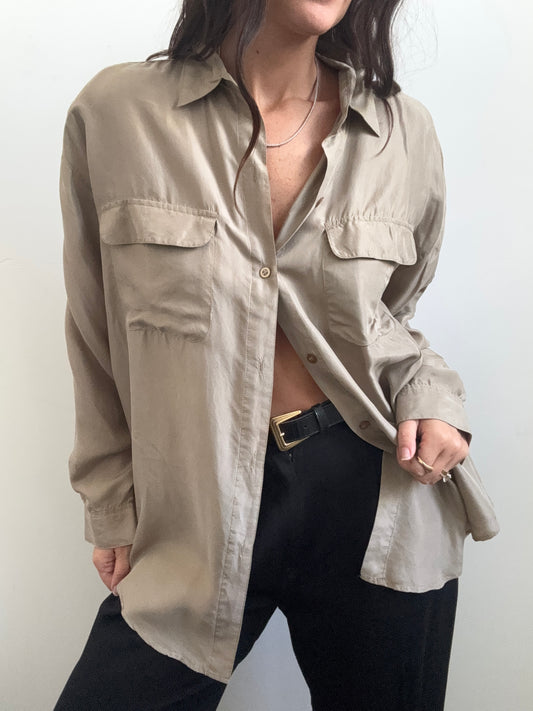 Vintage Silk Taupe Button-Up Size Large