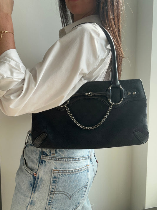 Vintage Gucci Black Horsebit Tote Bag With Silver-Toned Chain Detailing