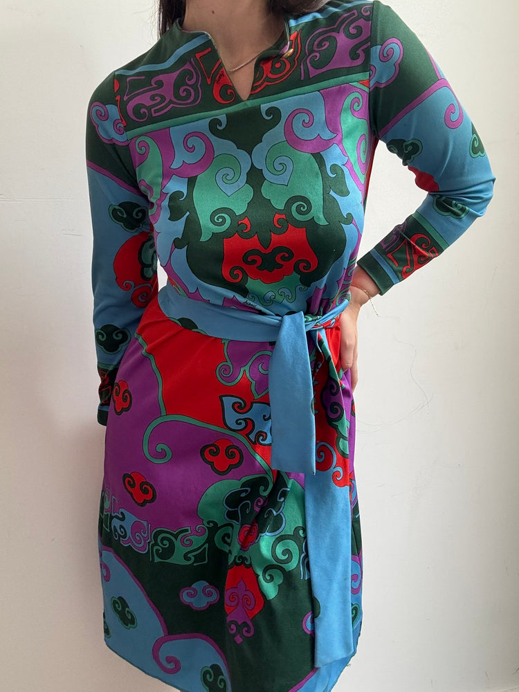 Vintage 1970's Italian Multicolored Printed Midi Dress Size Medium