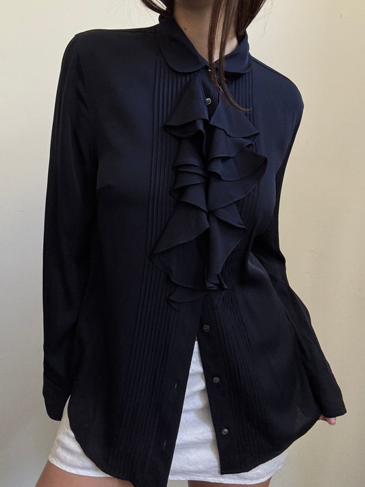 Vintage J.Crew Silk Navy Ruffled Blouse Size Medium