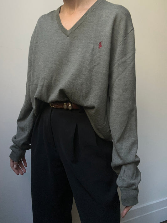 Vintage Ralph Lauren Merino Wool Grey V-Neck Sweater Size L