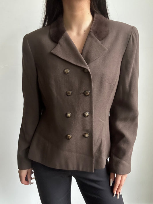 Vintage Double-Breasted Brown Blazer + Dark Brown Velvet Collar Size 6