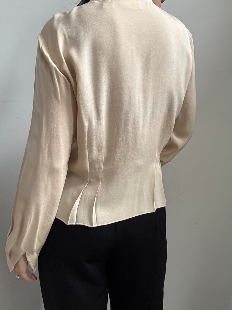 Vintage Beige Silk Button Up Blouse Size Medium