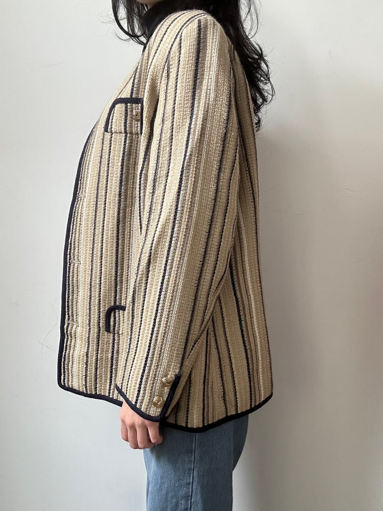 Vintage Navy Blue + Tan Striped Collarless Wool Blazer Size Large
