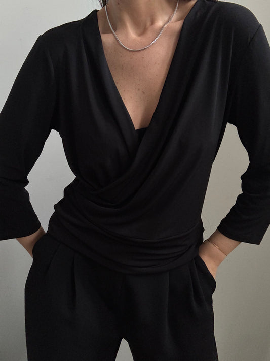 Vintage Black Wrap Style Blouse Size Medium