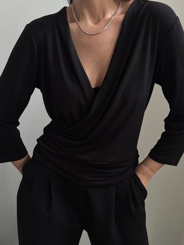 Vintage Black Wrap Style Blouse Size Medium