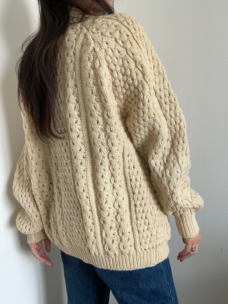 Vintage Cream Cable Knit Cardigan Sweater Size X-Large