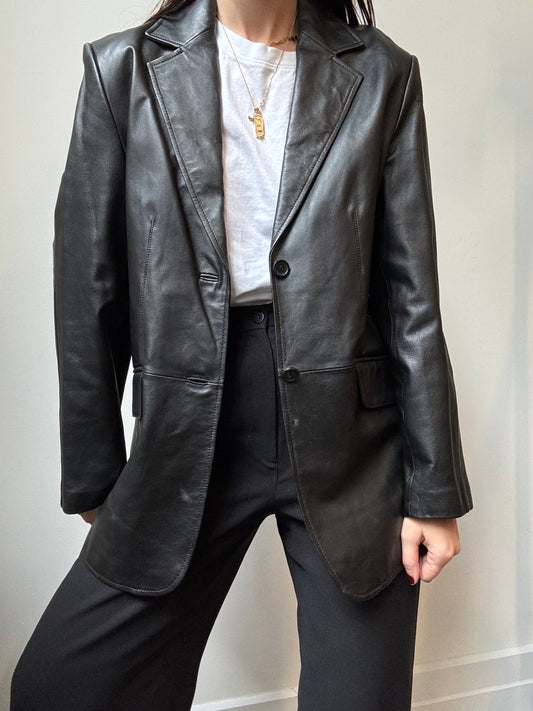 Vintage Black Leather Mid-Length Blazer Sizer M