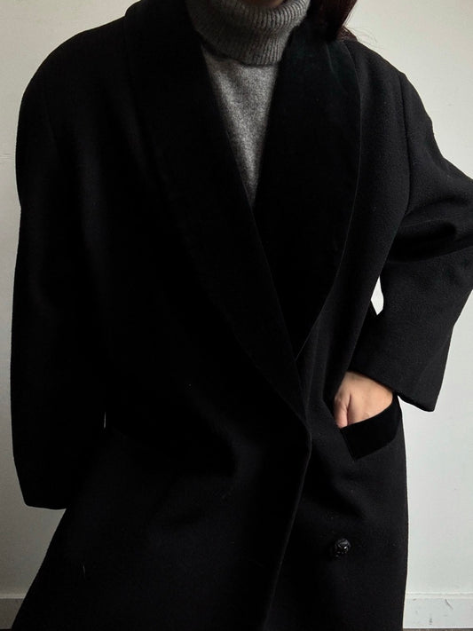 Vintage Black Wool Coat With Velvet Details Size Large