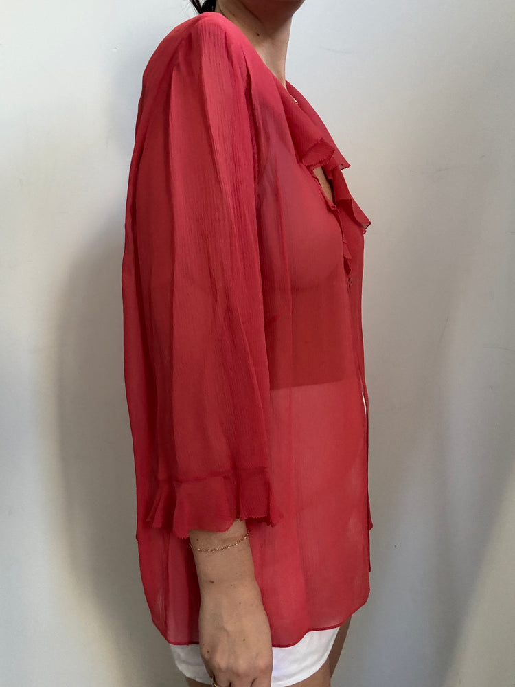 Vintage Raspberry Silk Sheer Ruffle Blouse Size Large