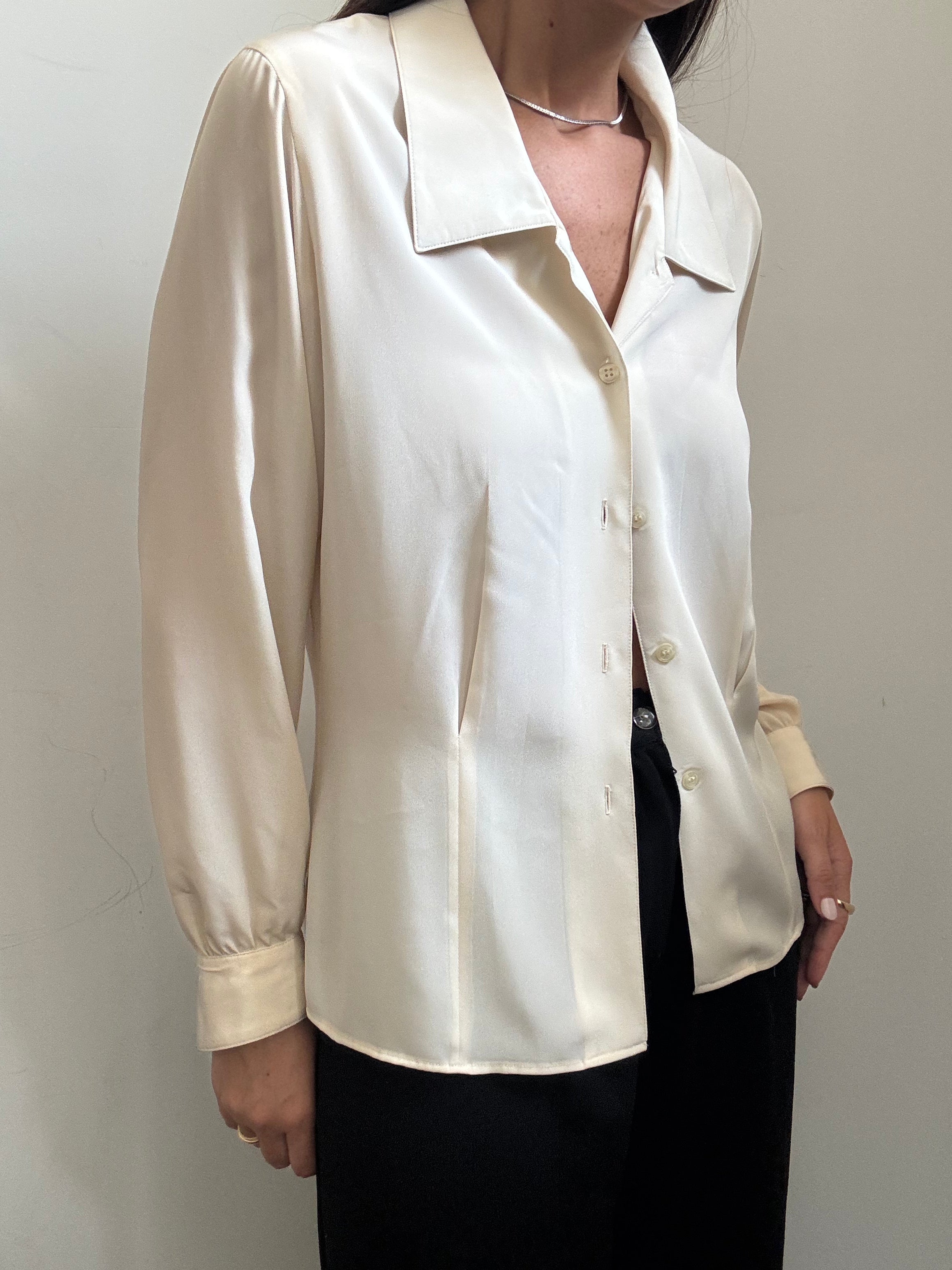Vintage Beige Silky Button-Up Blouse Size Medium