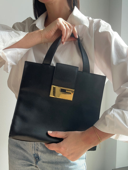 Vintage Gucci Black Leather Tote Bag With Gold-Tone Logo Closure
