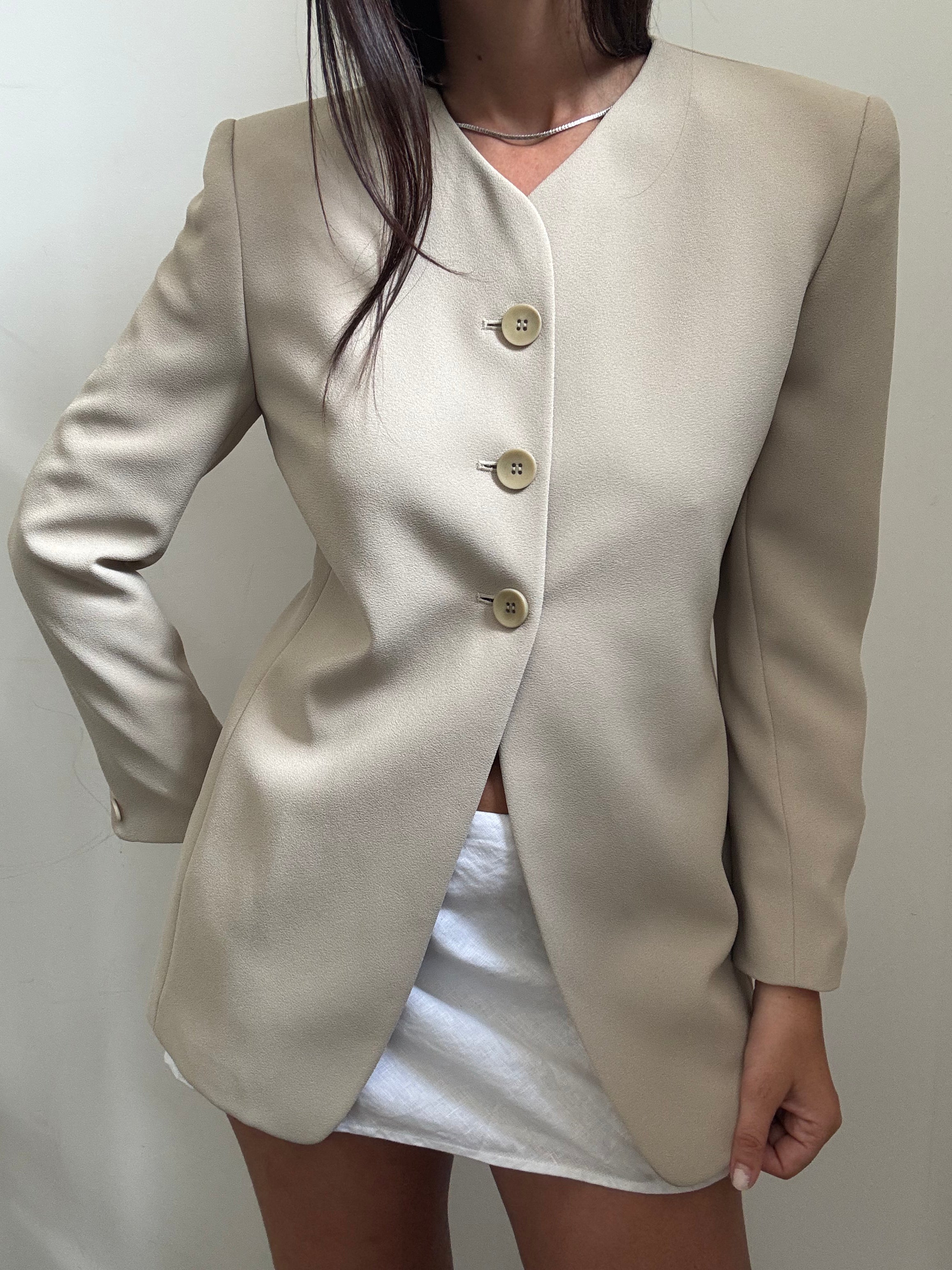 Vintage Beige Collarless Blazer Size Small
