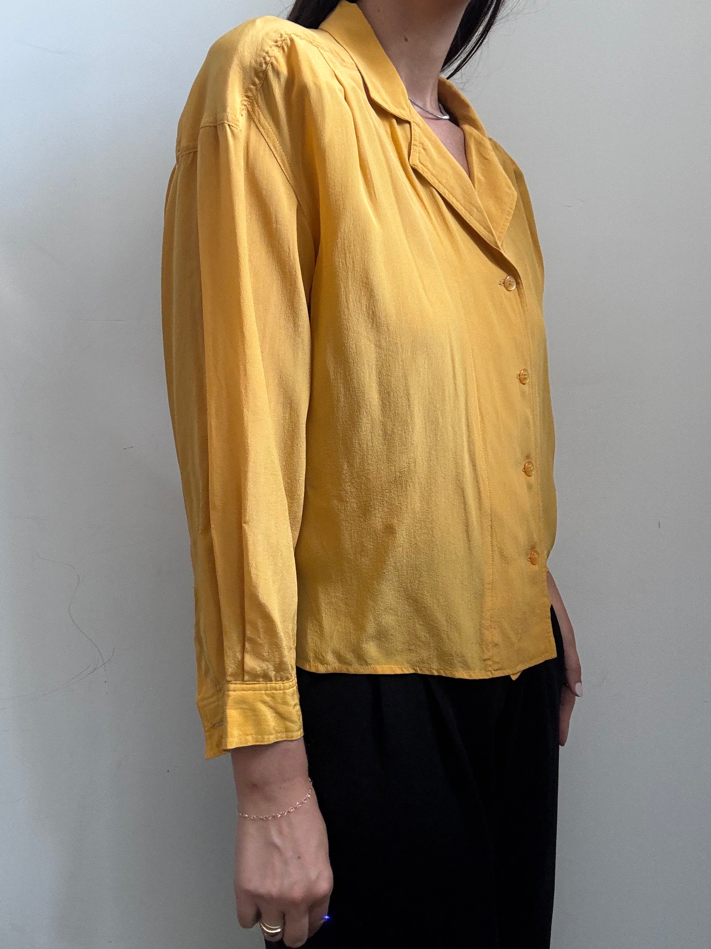 Vintage Mustard Yellow Silky Button Up Blouse Size Small