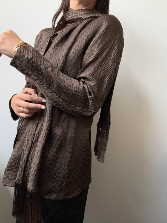Vintage Oscar de la Renta Brown Textured Button-Up Blouse Size Small