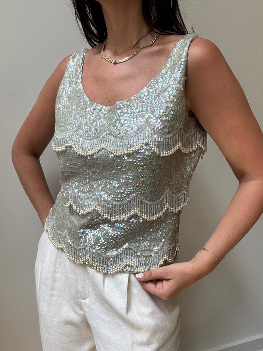 Vintage Crystal + Iridescent Hand Beaded Tank Size Large