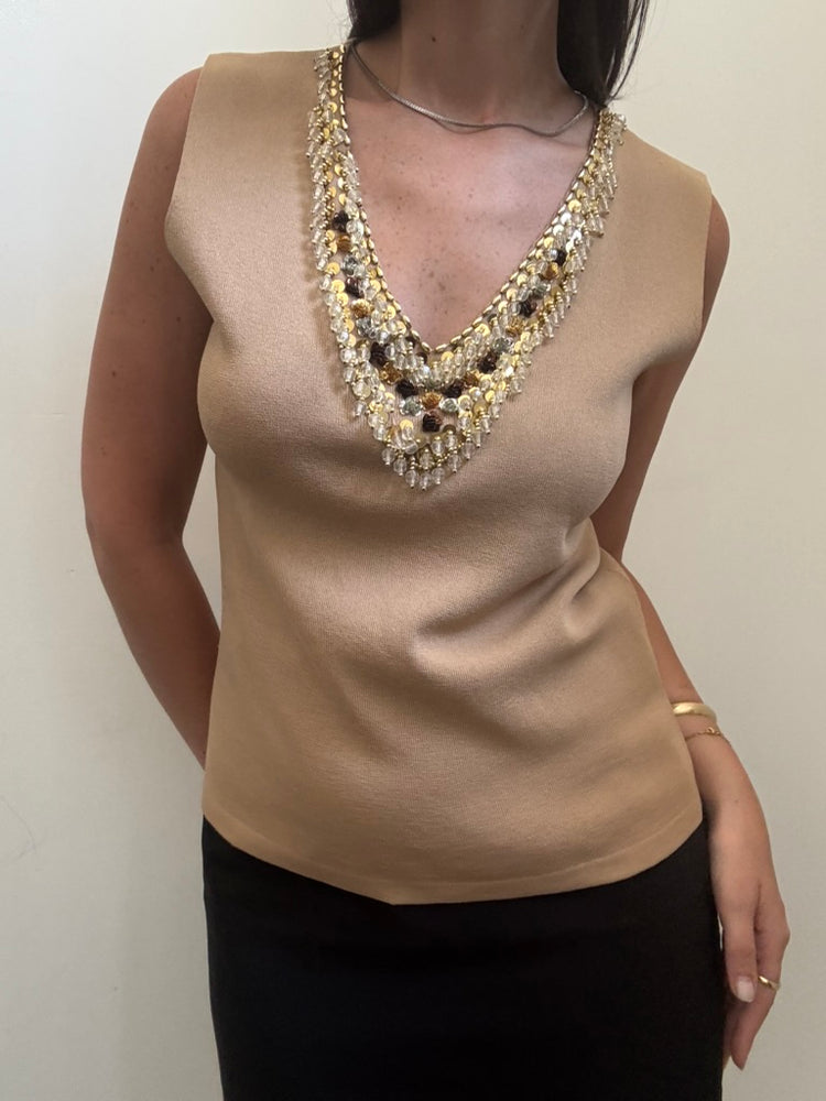 Vintage Brown Knit Beaded V-Neck Tank Size Large