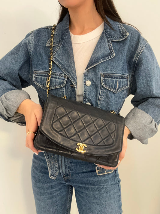 Vintage Navy Quilted Lambskin Medium Diana Flap Bag