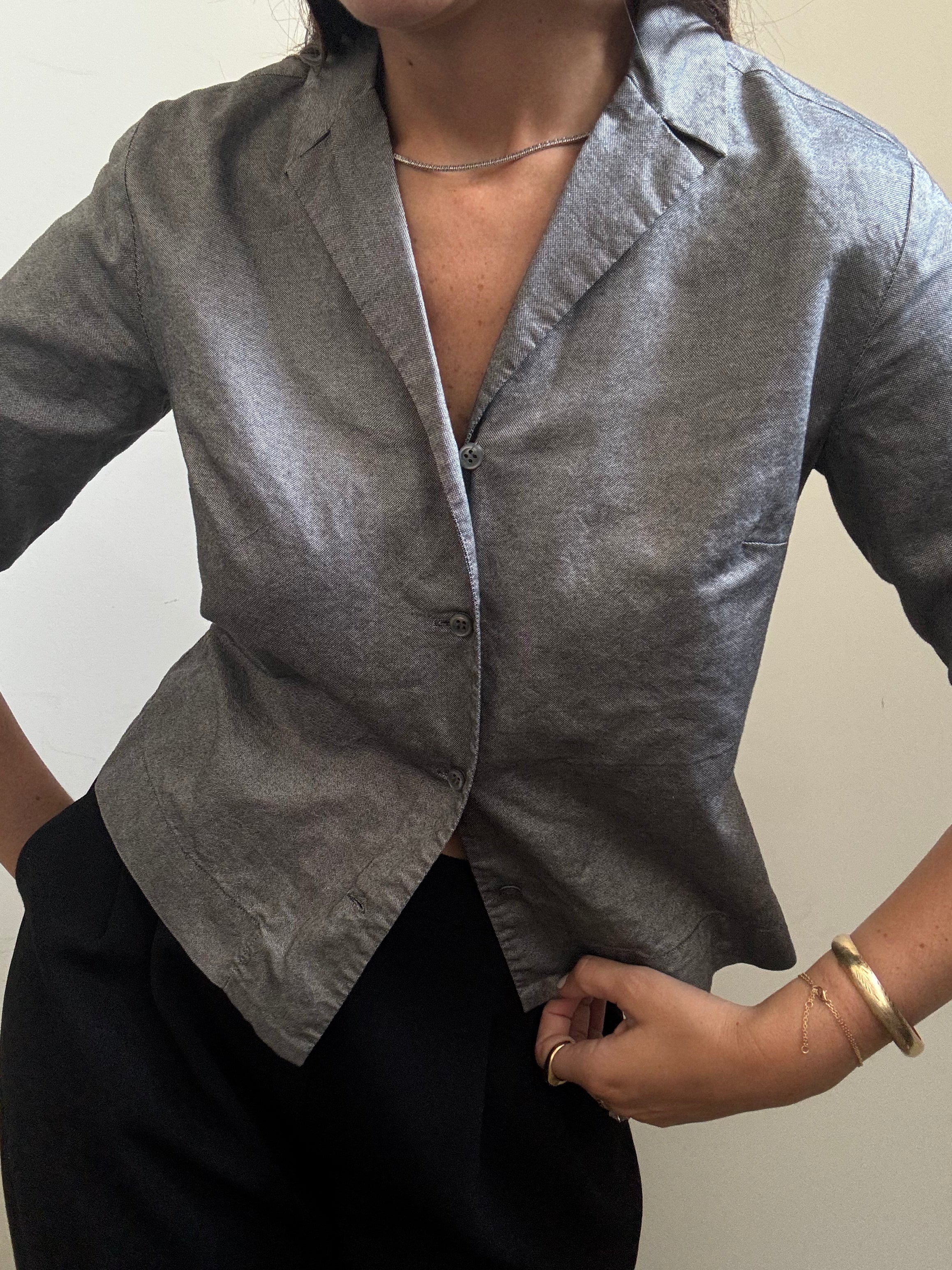 Vintage Grey Cotton Button-Up 3/4 Sleeve Size Small