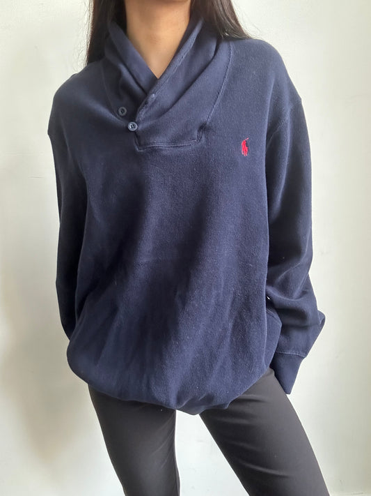 Vintage Polo Ralph Lauren Navy Blue Pullover + Shawl Collar Extra Large