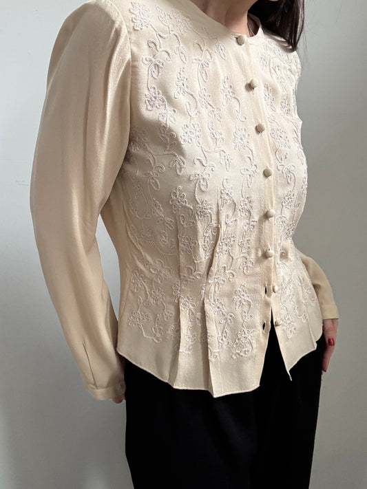 Vintage Beige Silk Button Up Blouse Size Medium