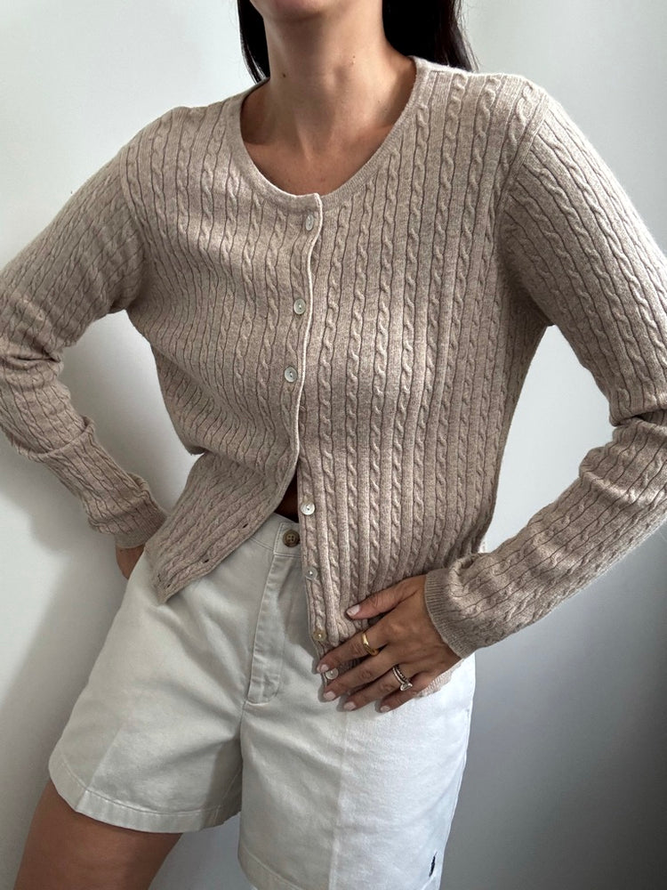 Vintage Khaki Cable Knit Cardigan Sweater Size Small