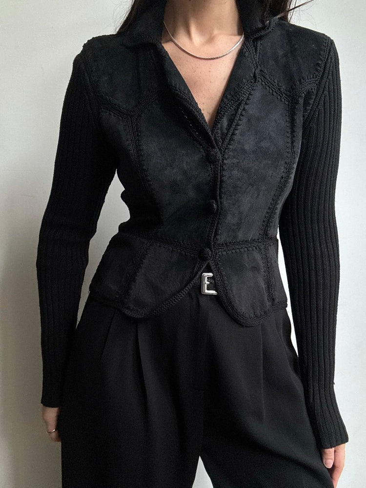 Vintage Black Suede + Crochet Knit Top Size Small
