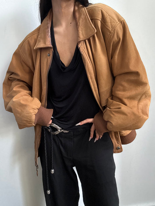 Vintage Light Brown Leather Bomber Jacket Size M/L