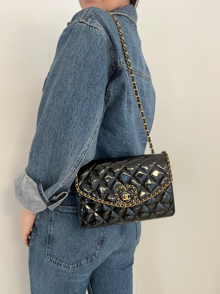 Pre-Loved Chanel Black Quilted Patent Chain Heart Flap Bag