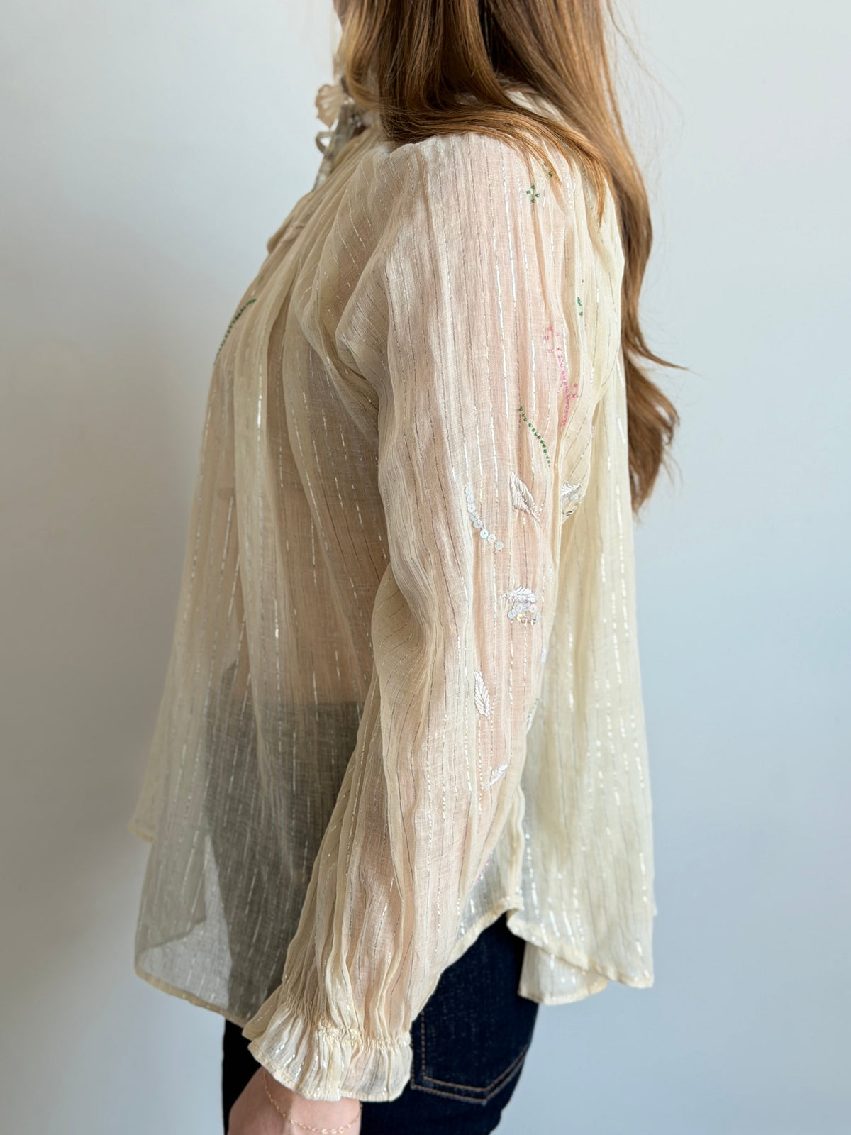 Vintage 1960's Ivory Sheer Cotton Embroidered Blouse Size Medium