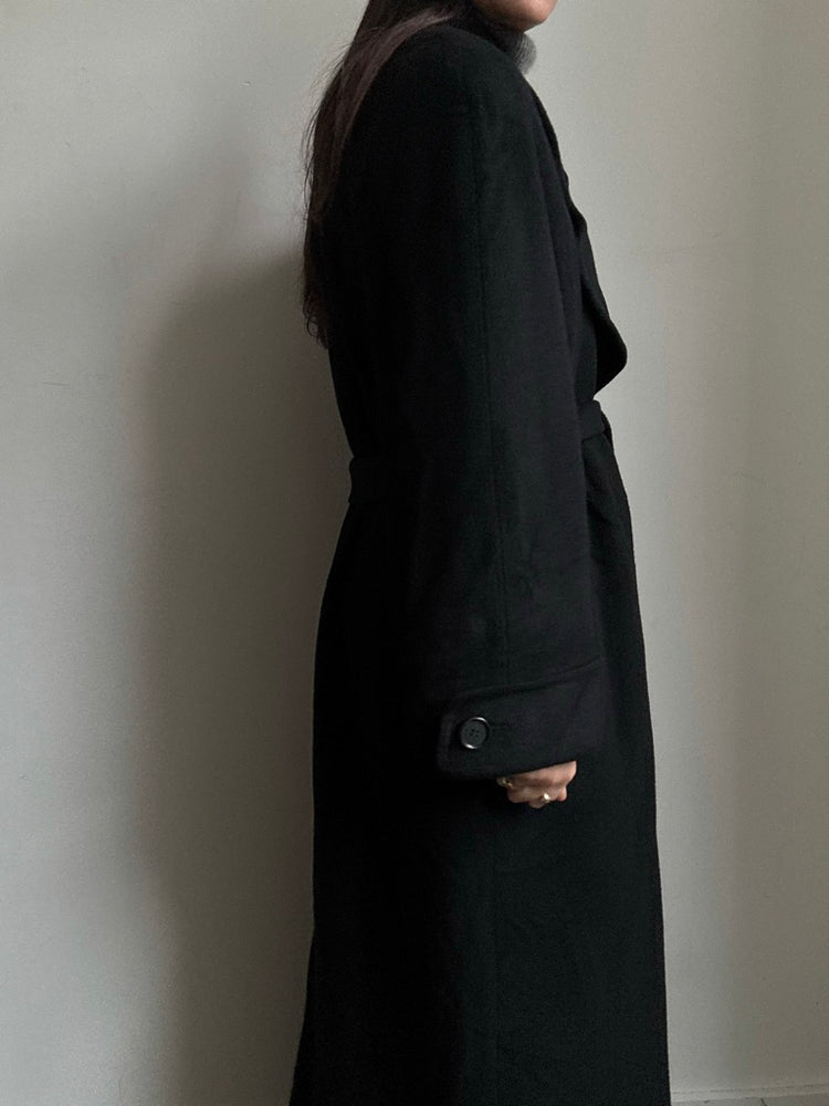 Vintage Black Pure Cashmere Belted Coat Size Large