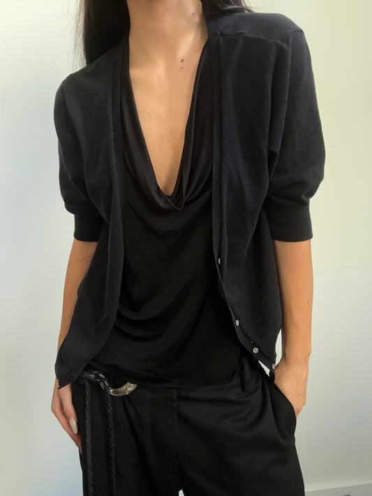 Vintage Black Quarter Sleeve Rib V-neck Sweater Size Medium