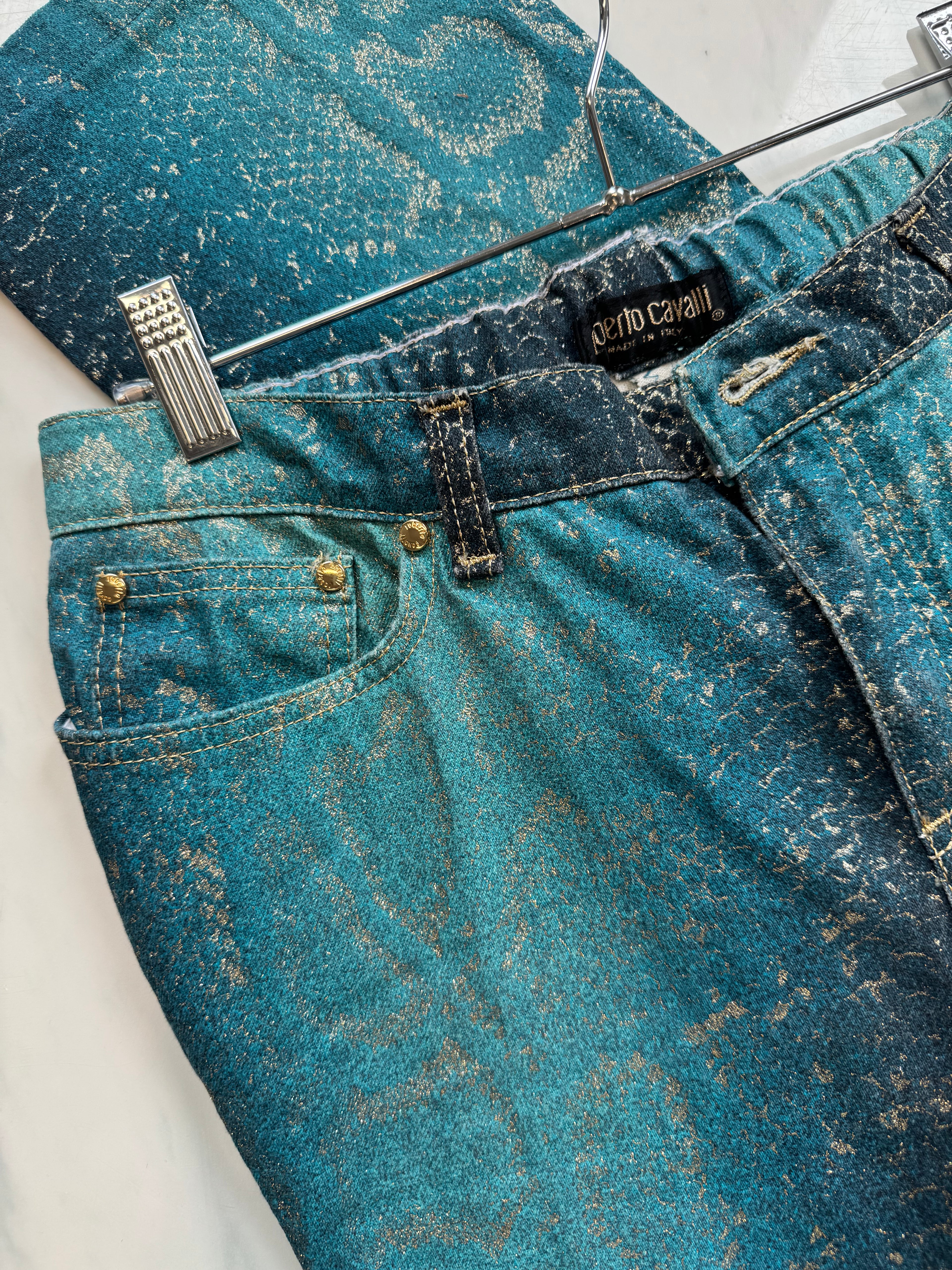 Vintage Roberto Cavalli Low Rise Teal and Gold Snake Skin Jeans Size 30"