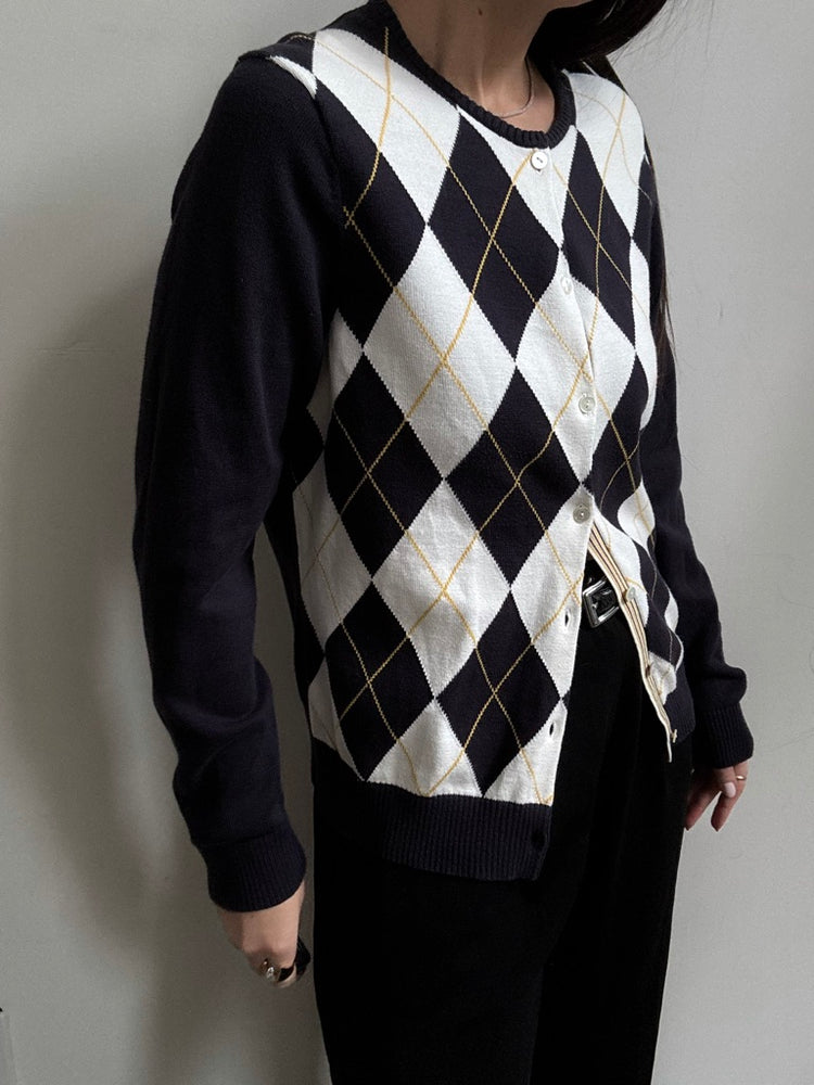 Vintage Navy + Yellow Argyle Cotton Knit Size Medium