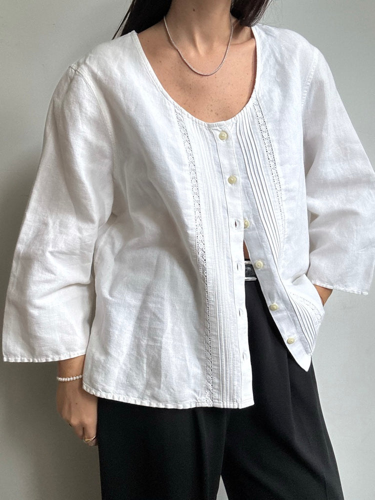 Vintage White Wide Sleeve Blouse + Lace Trim Size Large