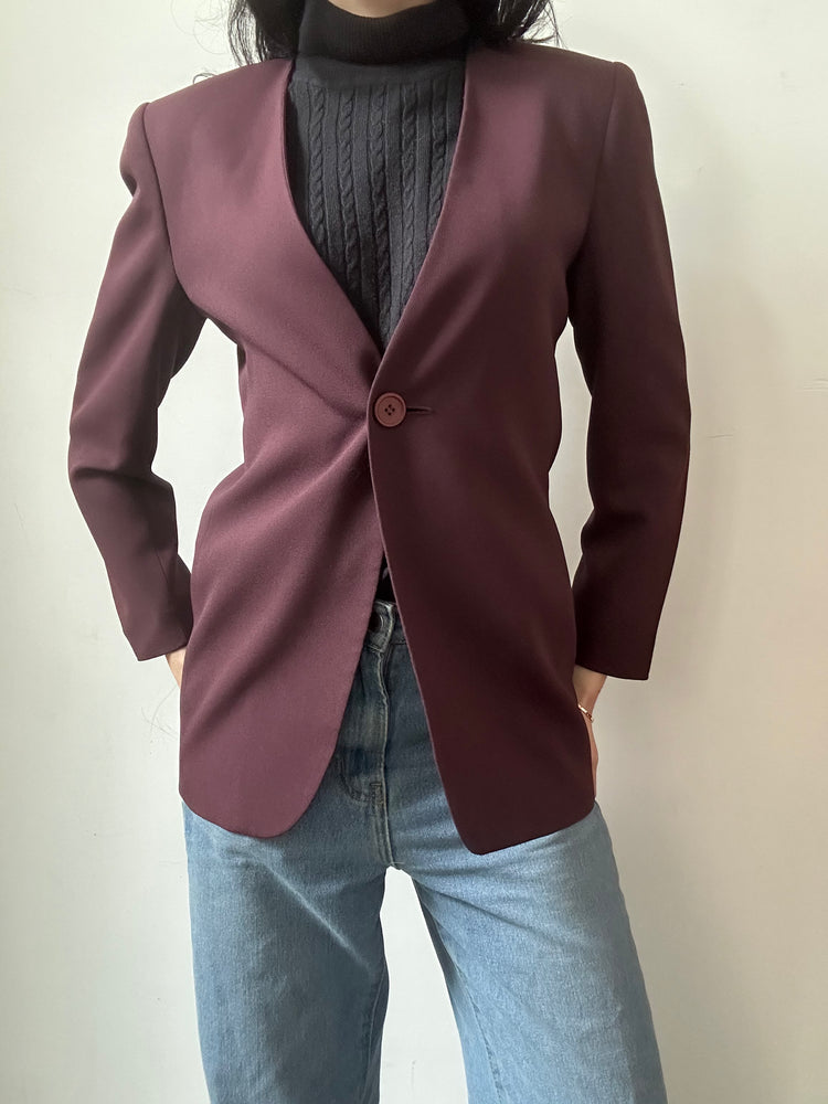 Vintage Burgundy Fitted Collarless Blazer Size Small