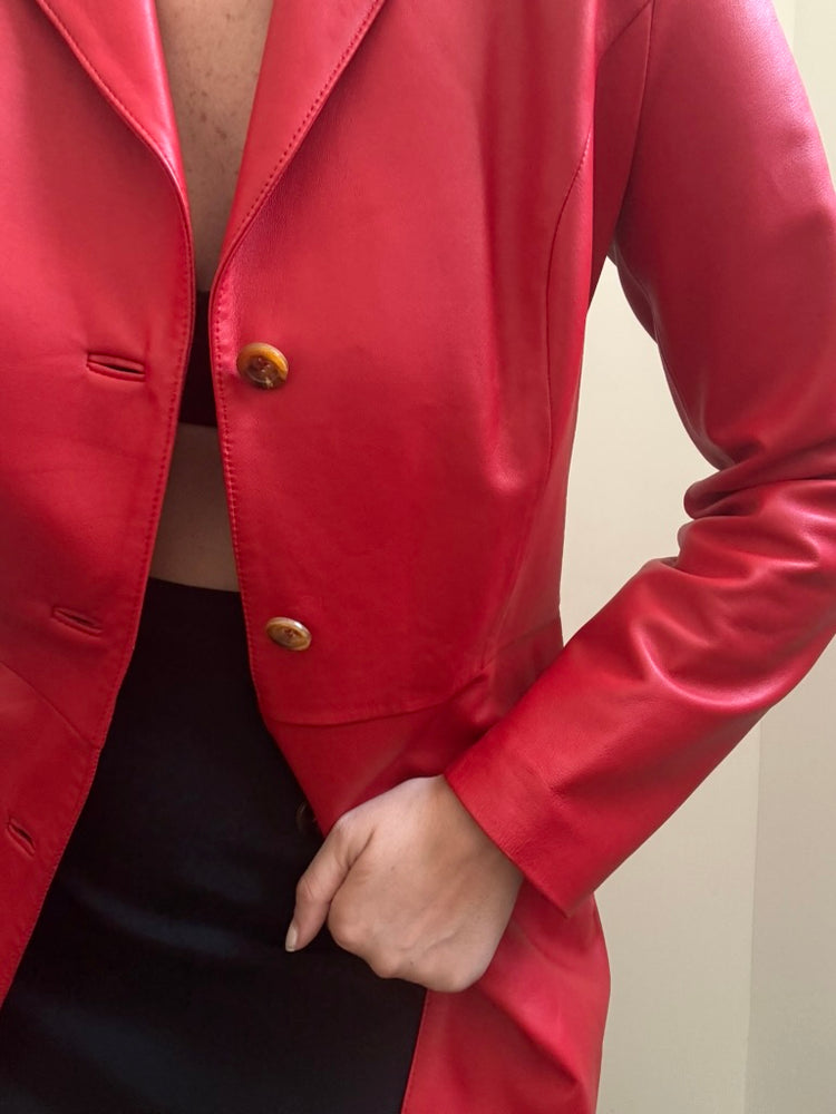Vintage Cherry Red Mid-Length Leather Jacket Size Small