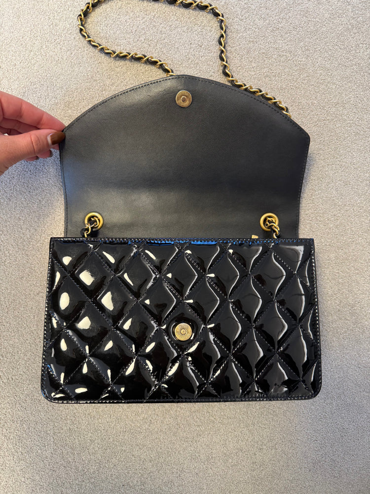 Pre-Loved Chanel Black Quilted Patent Chain Heart Flap Bag