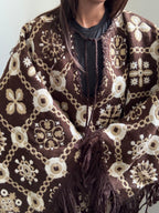 Vintage Brown Knit Reversable Fringe Poncho Size Large