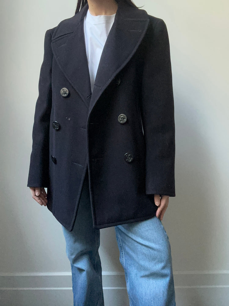 Vintage Navy Peacoat Fitted Wool Coat Size S