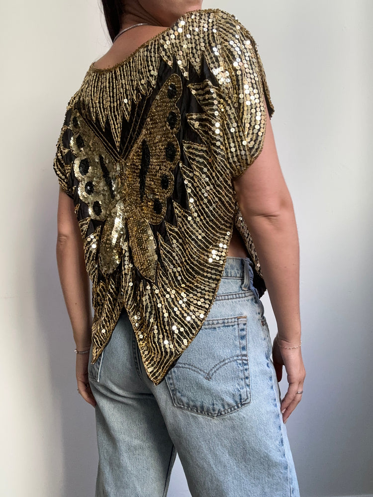 Vintage Gold Sparkly Butterfly Blouse Size M