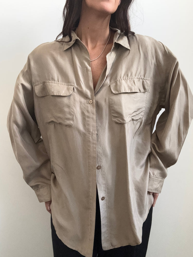 Vintage Silk Taupe Button-Up Size Large