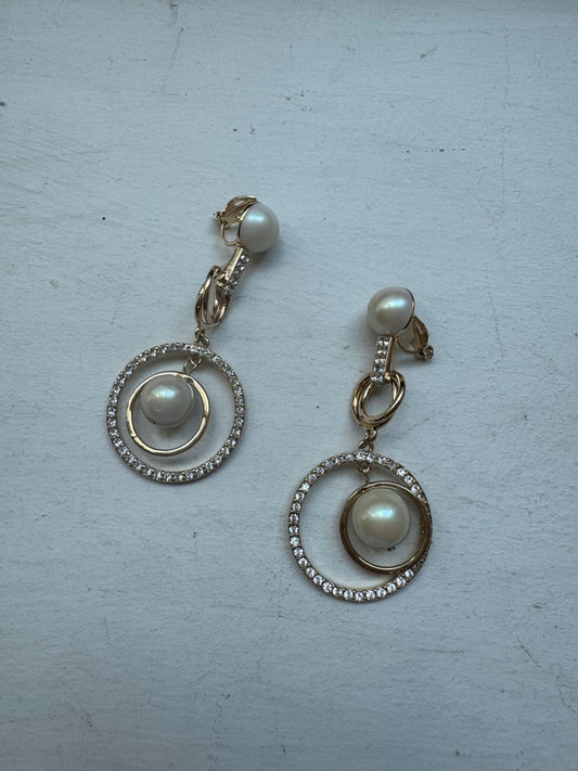 Vintage Circular Crystal + Faux Pearl Drop Clip-On Earrings