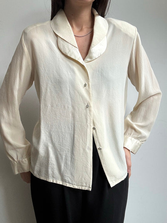 Vintage Cream Silk Button Up With Layered Collar Size M