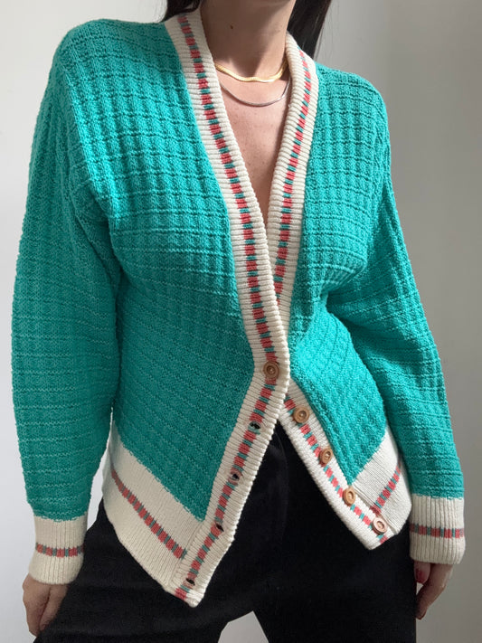 Vintage Teal, Orange, + Ivory V-Neck Cardi Size Large